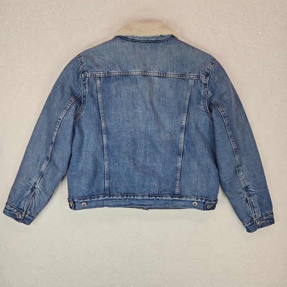 Gap Denim Sherpa Trucker Jacket Women's L Medium Wash Faux Shearling Lined - Picture 4 of 13